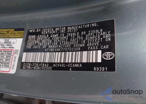 2007 Toyota Camry Le из США, поврежденный, VIN 4T1BE46K77U702308